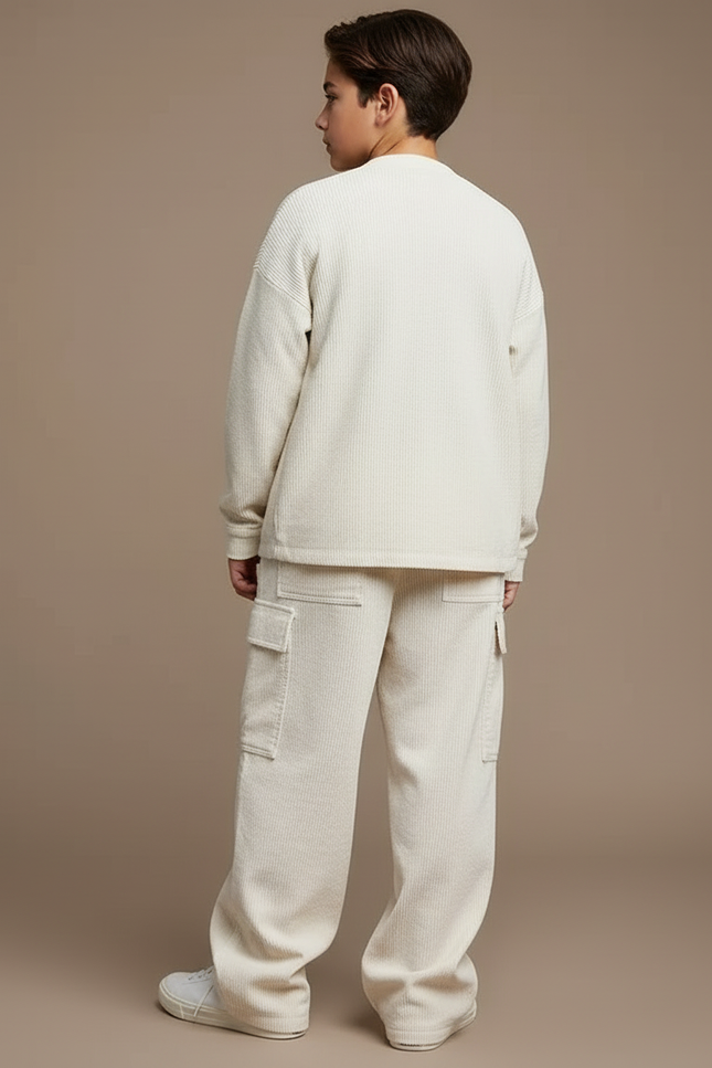 Pantalon Cargo Crème Côtelé Ample Décontracté Unisexe - Beige Cordé - vue 2