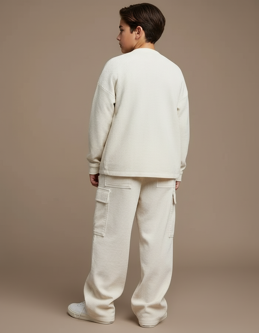 Pantalon Cargo Crème Côtelé Ample Décontracté Unisexe - Beige Cordé - vue 2