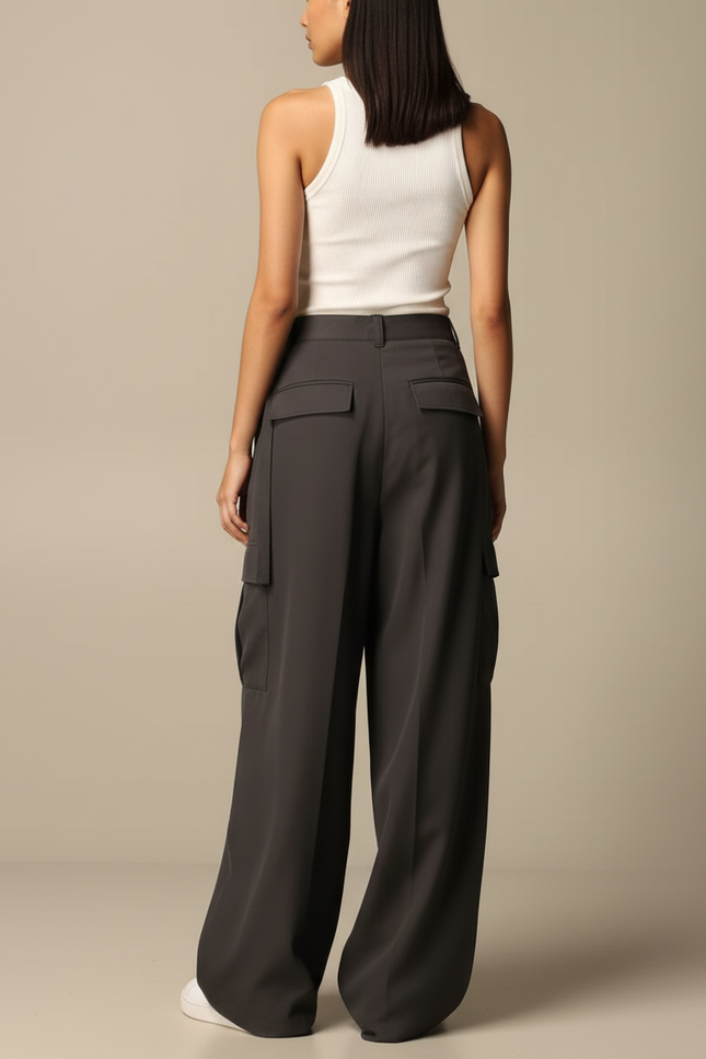 Pantalon Cargo Gris Ample Fluide Femme - Polyester - vue 2
