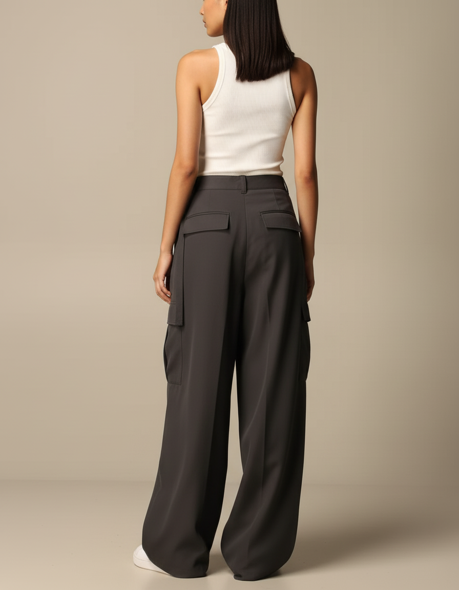 Pantalon Cargo Gris Ample Fluide Femme - Polyester - vue 2