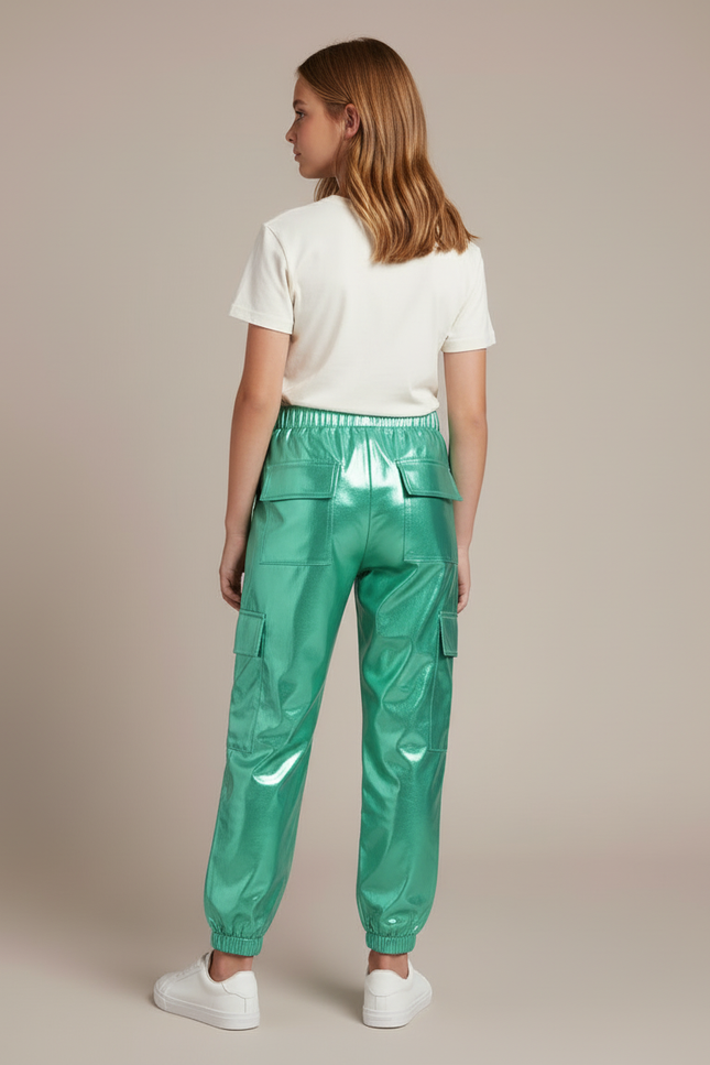 Pantalon Cargo Métallisé Vert Brillant Fille - Polyester - vue 2