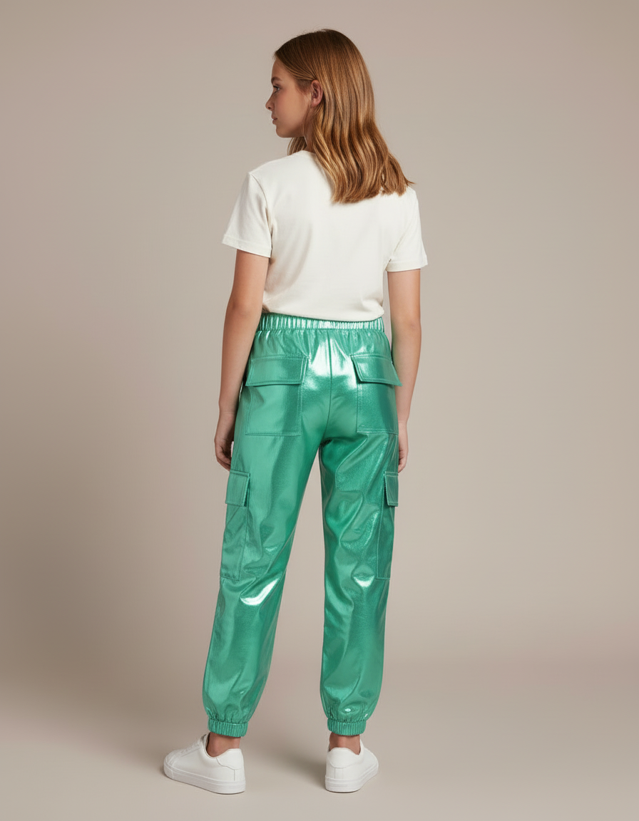 Pantalon Cargo Métallisé Vert Brillant Fille - Polyester - vue 2