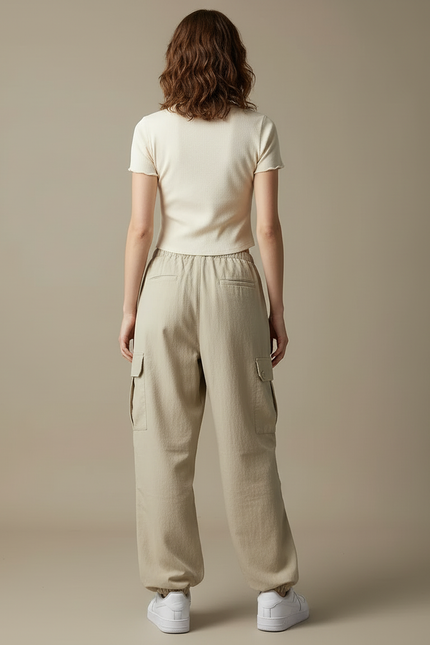 Pantalon Cargo Beige Ample Nylon Multipoches Femme - Toile - vue 2