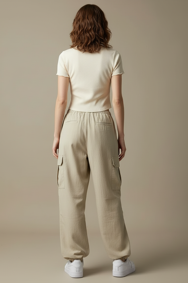 Pantalon Cargo Beige Ample Nylon Multipoches Femme - Toile - vue 2