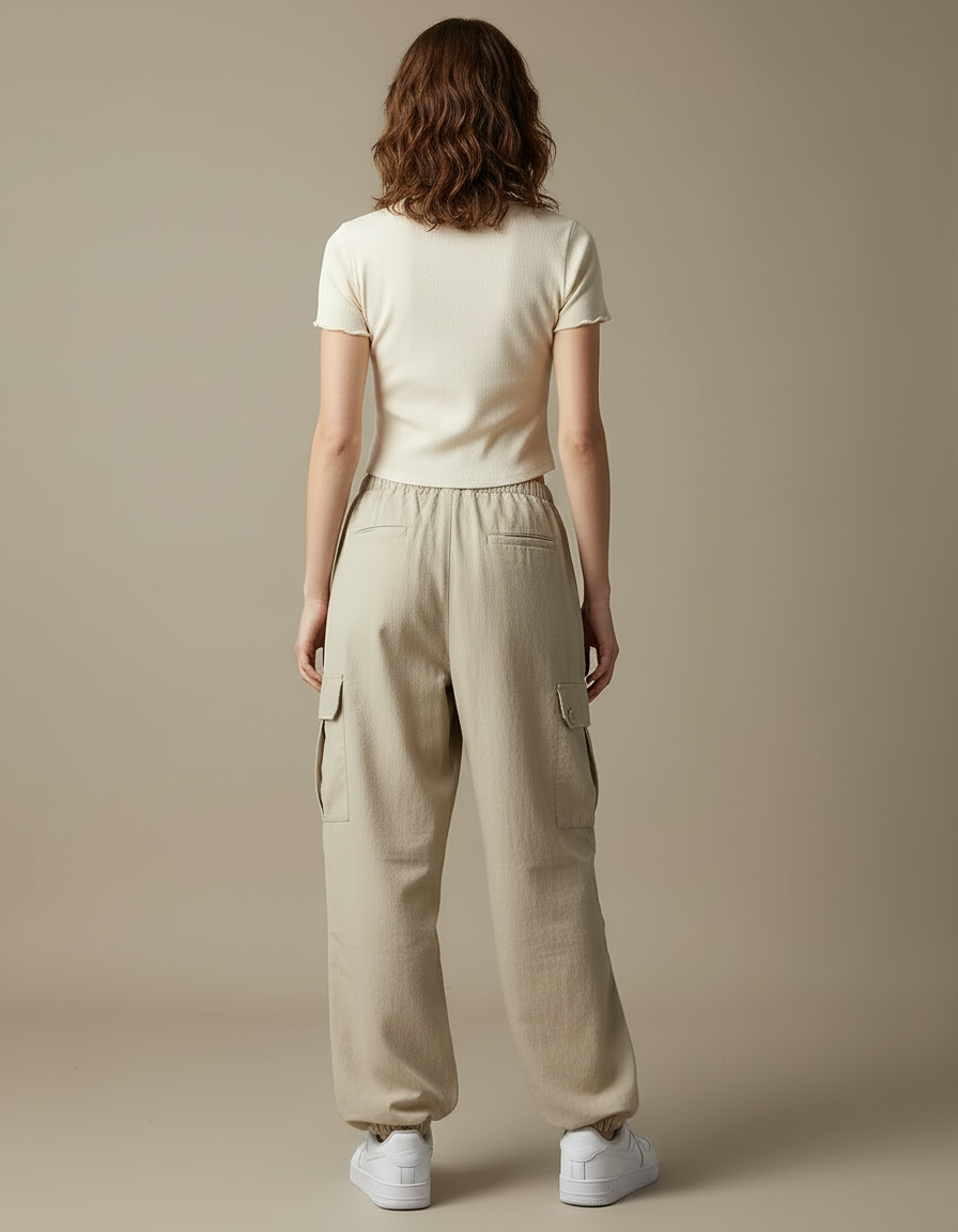 Pantalon Cargo Beige Ample Nylon Multipoches Femme - Toile - vue 2