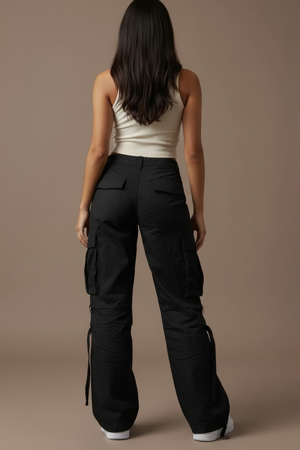 Pantalon Cargo Noir Ample Poches Multiples Décontracté - Toile - vue 2