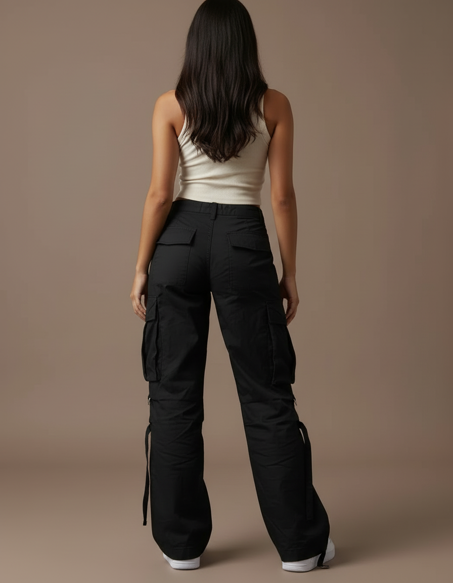 Pantalon Cargo Noir Ample Poches Multiples Décontracté - Toile - vue 2