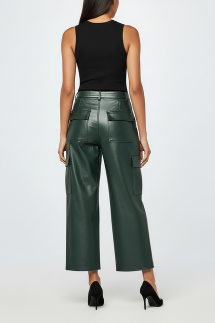 Pantalon Cargo Vert Similicuir Ample Taille Haute - Simili cuir - vue 2