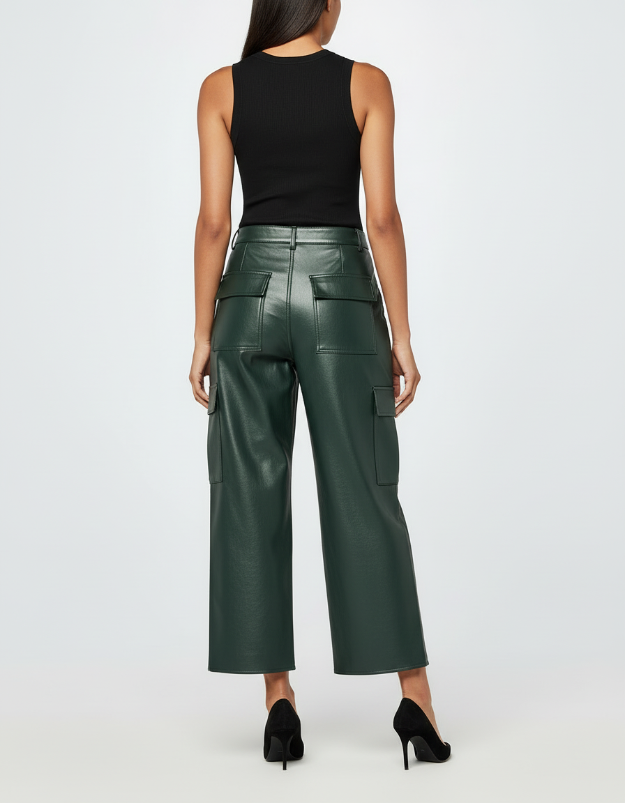 Pantalon Cargo Vert Similicuir Ample Taille Haute - Simili cuir - vue 2