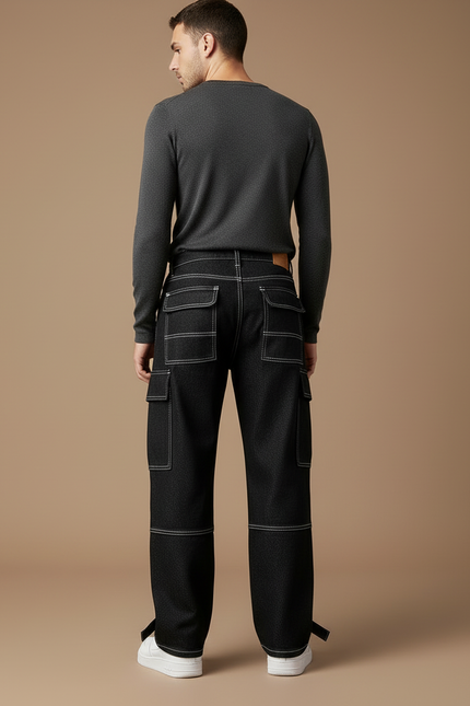 Pantalon Cargo Noir Décontracté Ample Coutures Blanches Homme - Jean - vue 2