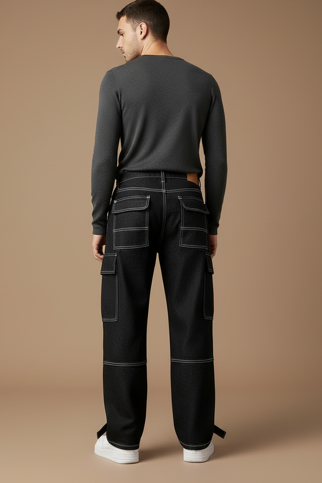 Pantalon Cargo Noir Décontracté Ample Coutures Blanches Homme - Jean - vue 2