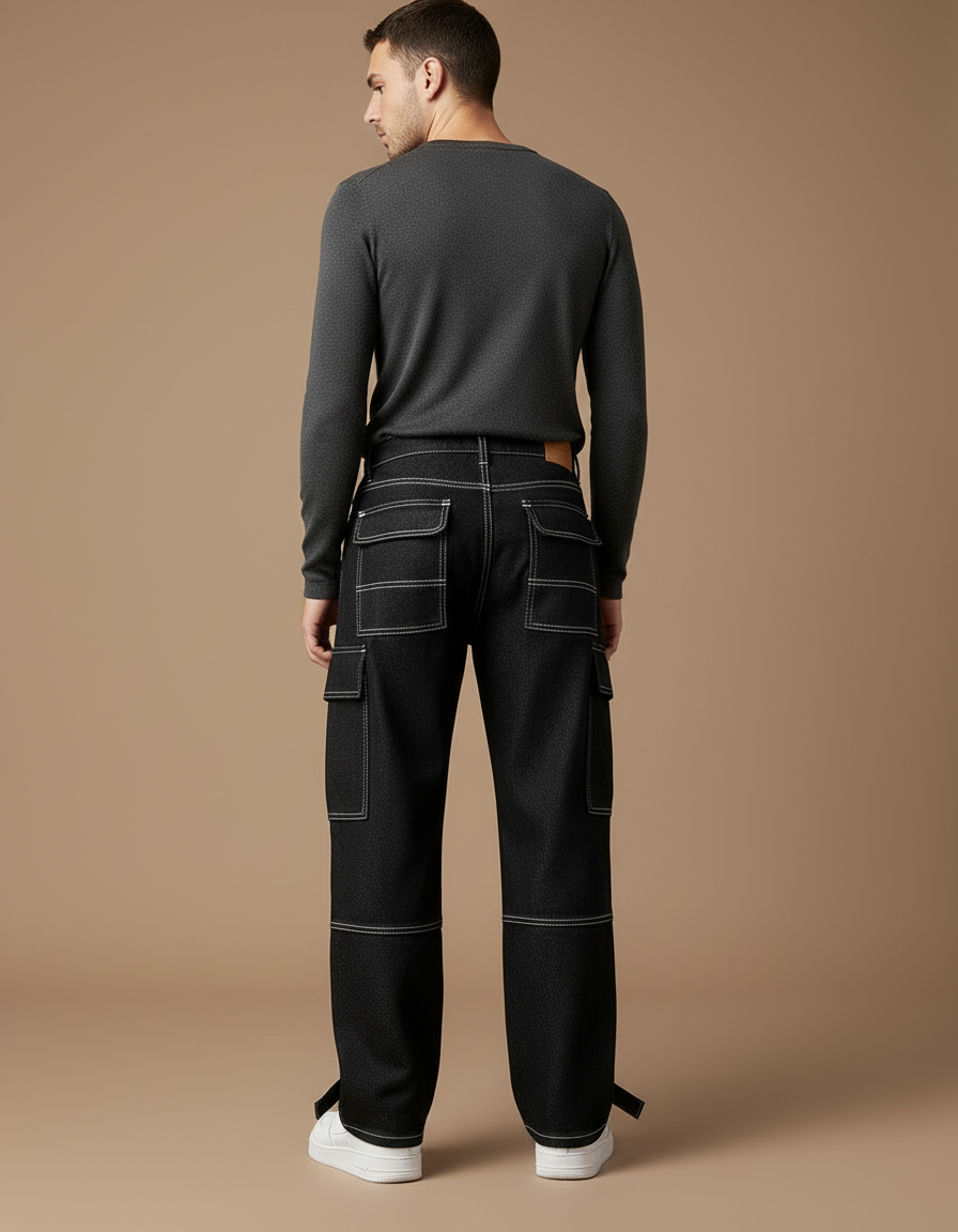 Pantalon Cargo Noir Décontracté Ample Coutures Blanches Homme - Jean - vue 2