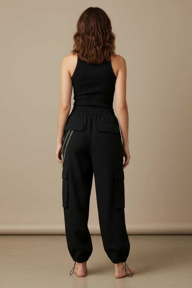 Pantalon Cargo Noir Ample Chaînes Streetwear Femme - Polyester - vue 2