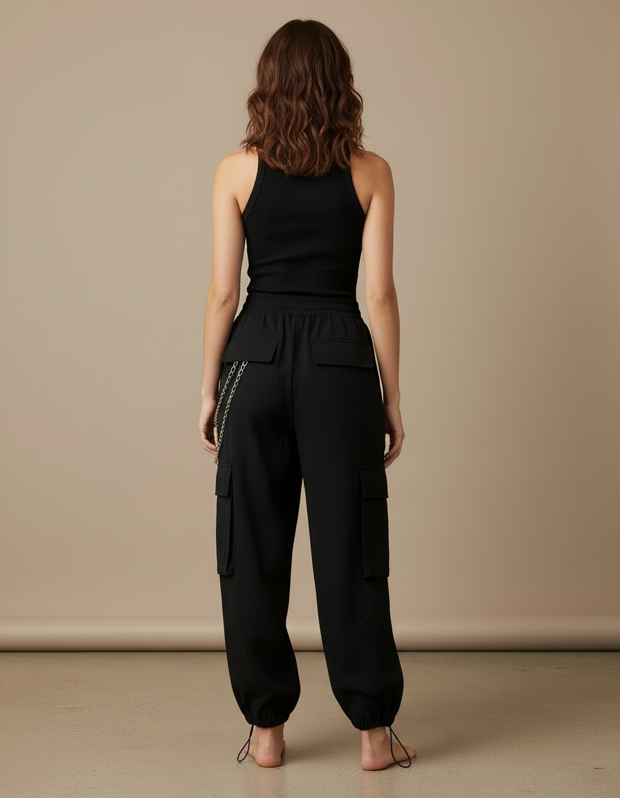 Pantalon Cargo Noir Ample Chaînes Streetwear Femme - Polyester - vue 2