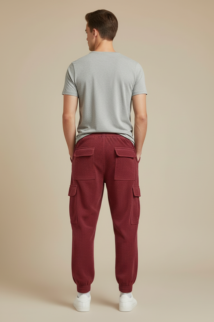 Pantalon Cargo Rouge Côtelé Ample Décontracté Homme - Bordeaux Cordé - vue 2