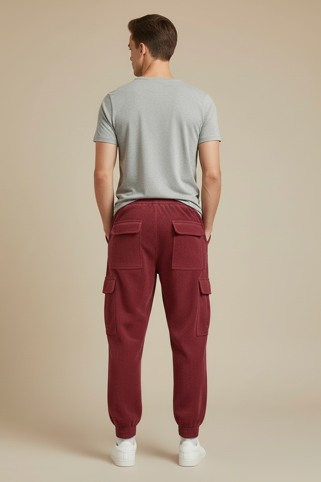 Pantalon Cargo Rouge Côtelé Ample Décontracté Homme - Bordeaux Cordé - vue 2