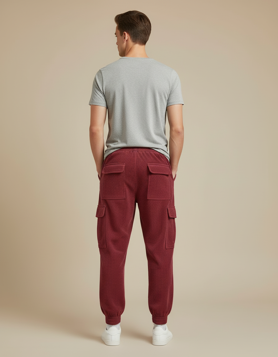 Pantalon Cargo Rouge Côtelé Ample Décontracté Homme - Bordeaux Cordé - vue 2