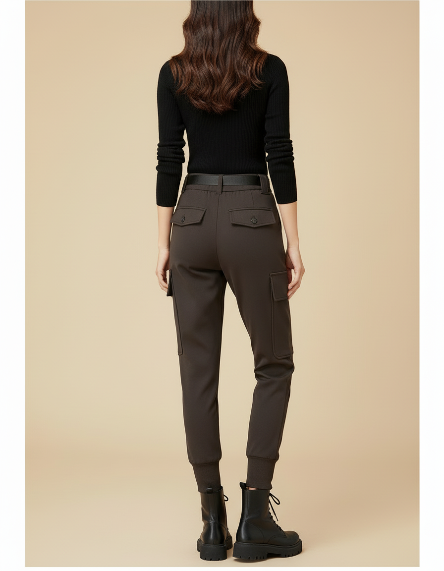 Pantalon Cargo Femme Taille Haute Élastique Molletonné - Kaki - vue 2