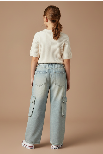 Pantalon Cargo Jean Ample Délavé Poches Latérales Enfants - Bleu - vue 2