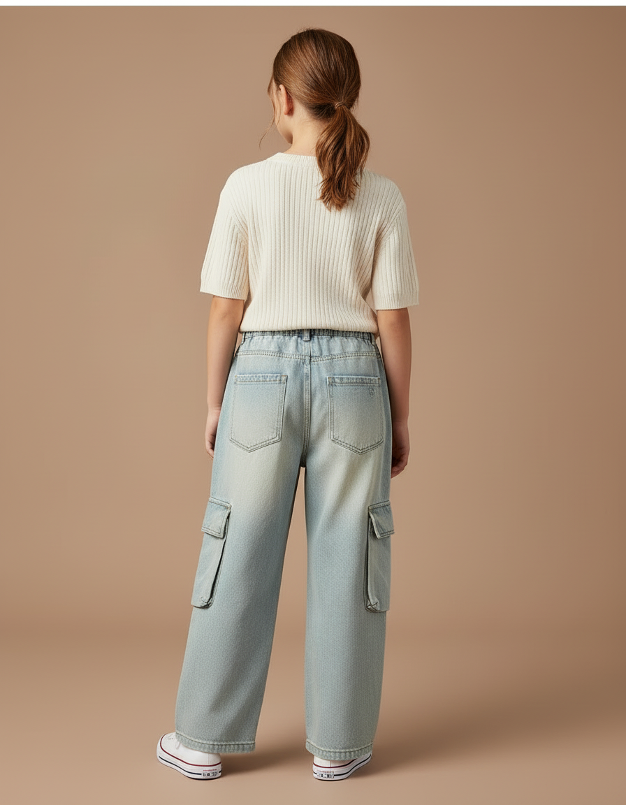 Pantalon Cargo Jean Ample Délavé Poches Latérales Enfants - Bleu - vue 2