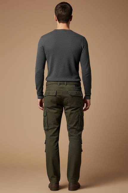 Pantalon Cargo Vert Militaire Décontracté Multipoches Coton - Kaki - vue 2