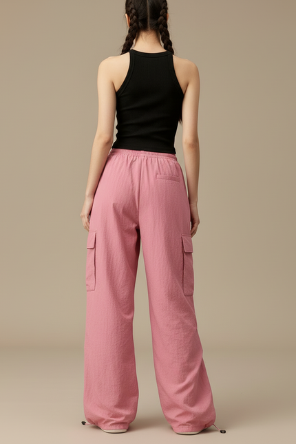 Pantalon Cargo Rose Ample Taille Haute Streetwear Femme - Polyester - vue 2