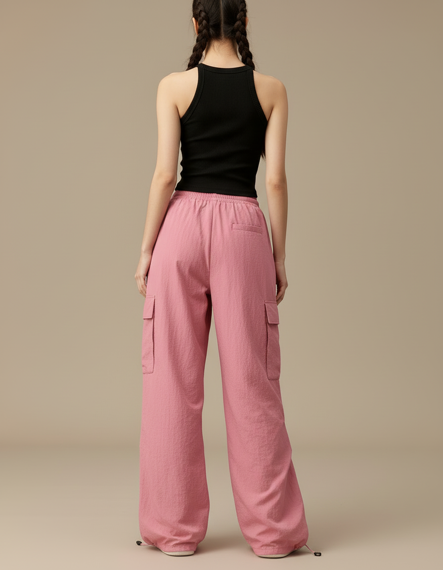 Pantalon Cargo Rose Ample Taille Haute Streetwear Femme - Polyester - vue 2