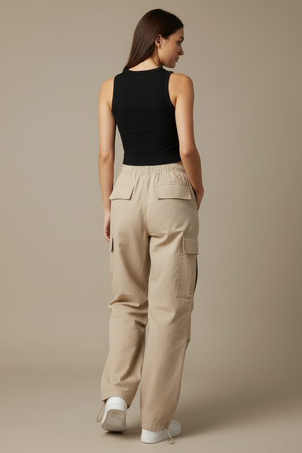 Pantalon Cargo Beige Ample Cordon Décontracté - Toile - vue 2