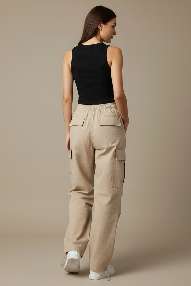 Pantalon Cargo Beige Ample Cordon Décontracté - Toile - vue 2