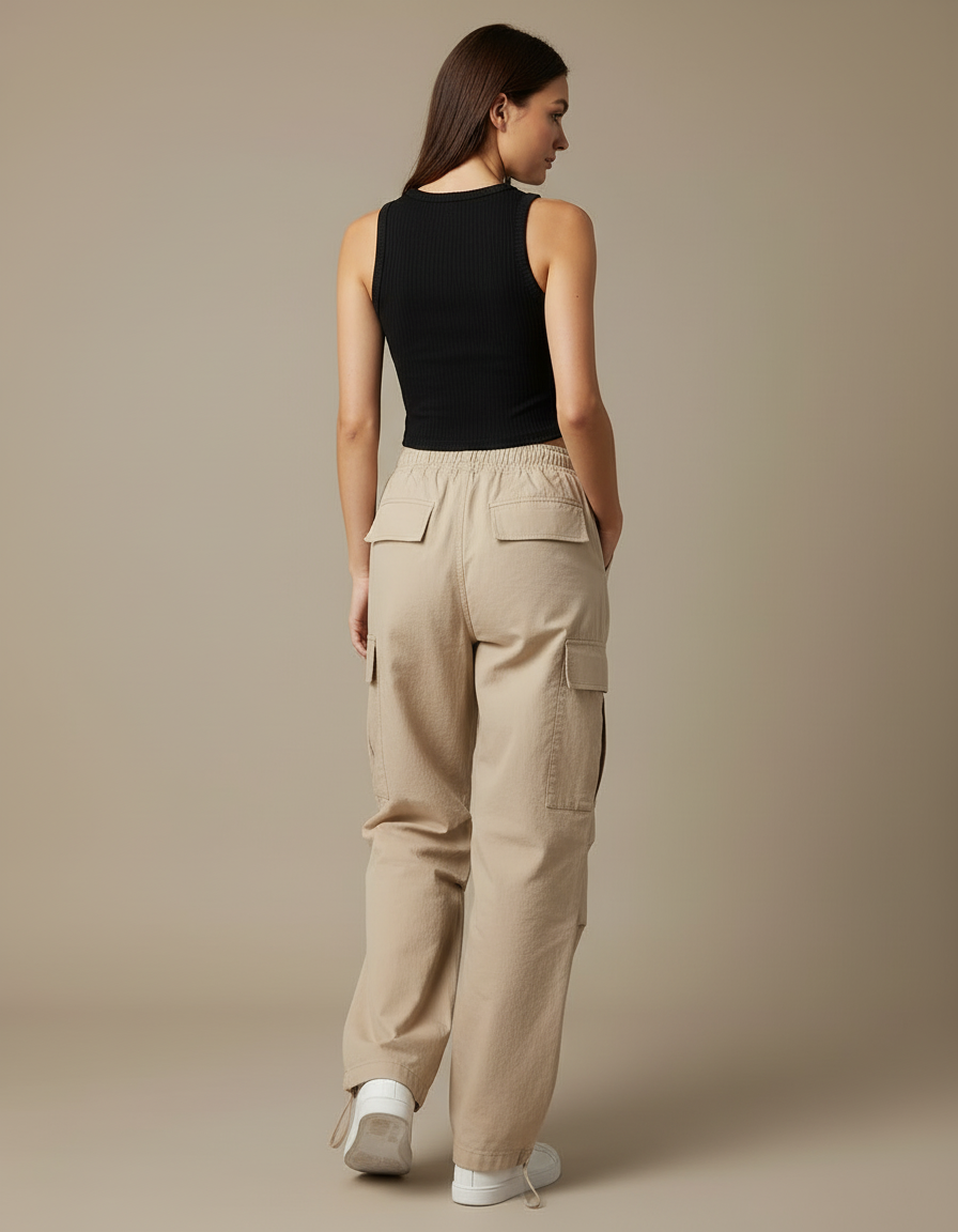 Pantalon Cargo Beige Ample Cordon Décontracté - Toile - vue 2