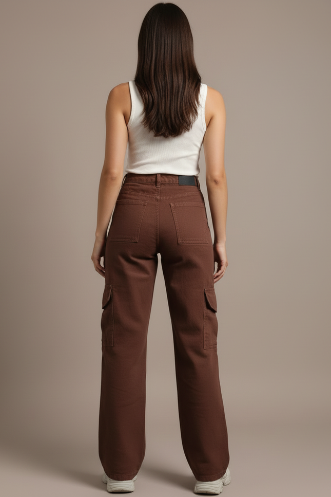 Pantalon Cargo Marron Ample Multipoches Décontracté Femme - Gabardine - vue 2