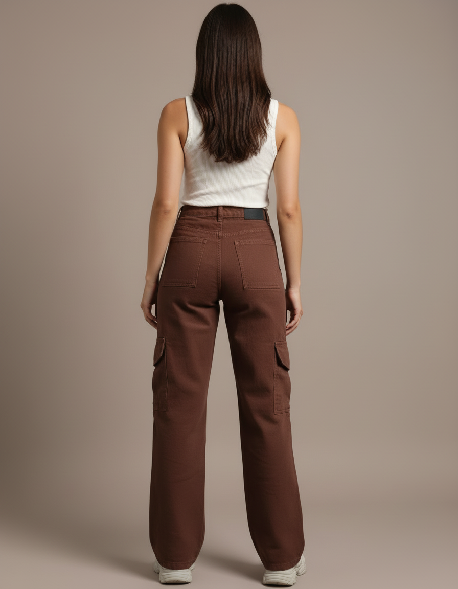 Pantalon Cargo Marron Ample Multipoches Décontracté Femme - Gabardine - vue 2
