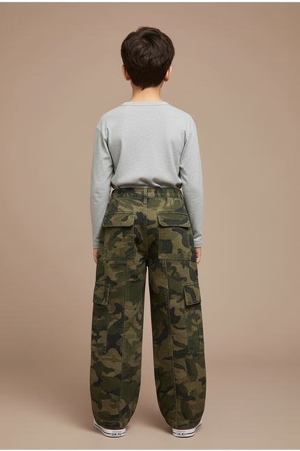 Pantalon Cargo Camouflage Ample Garçon Multipoches Décontracté - Kaki Toile - vue 2