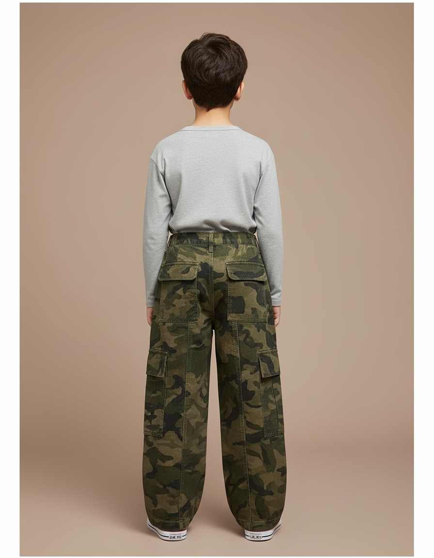 Pantalon Cargo Camouflage Ample Garçon Multipoches Décontracté - Kaki Toile - vue 2