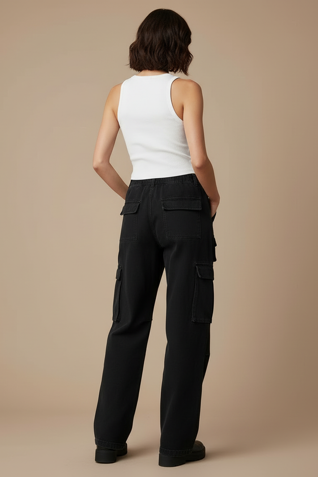 Pantalon Cargo Noir Large Poches Streetwear Femme - Jean - vue 2