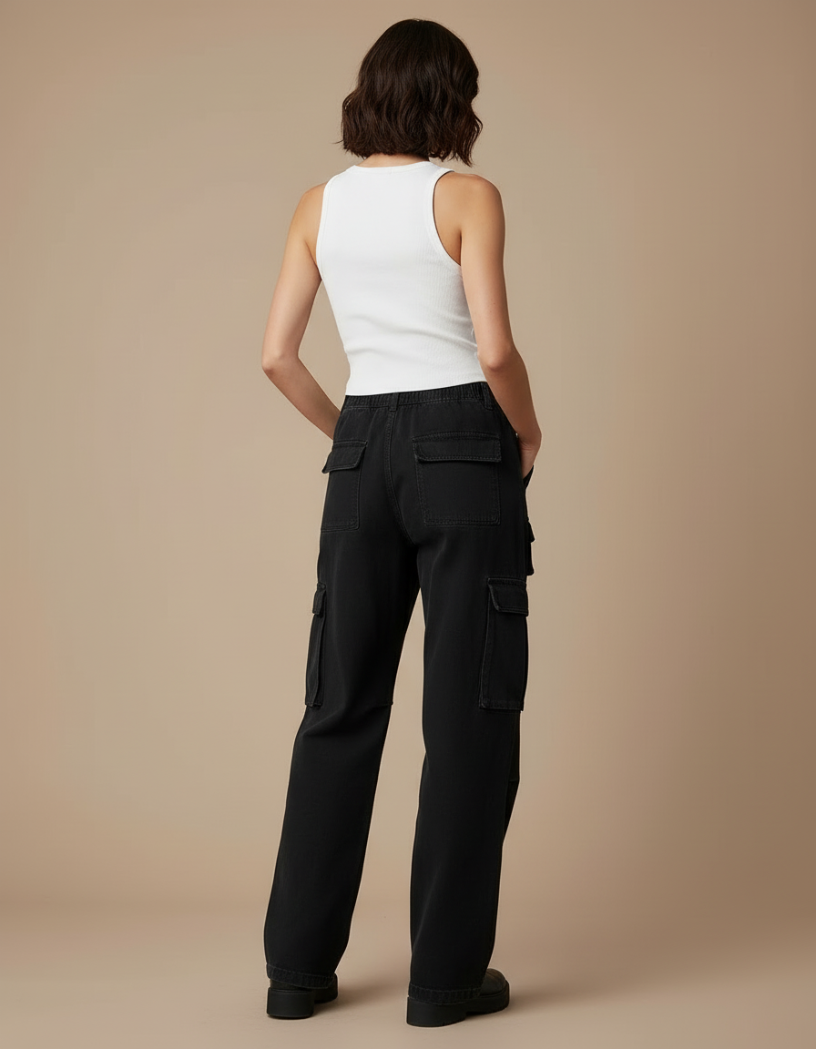 Pantalon Cargo Noir Large Poches Streetwear Femme - Jean - vue 2