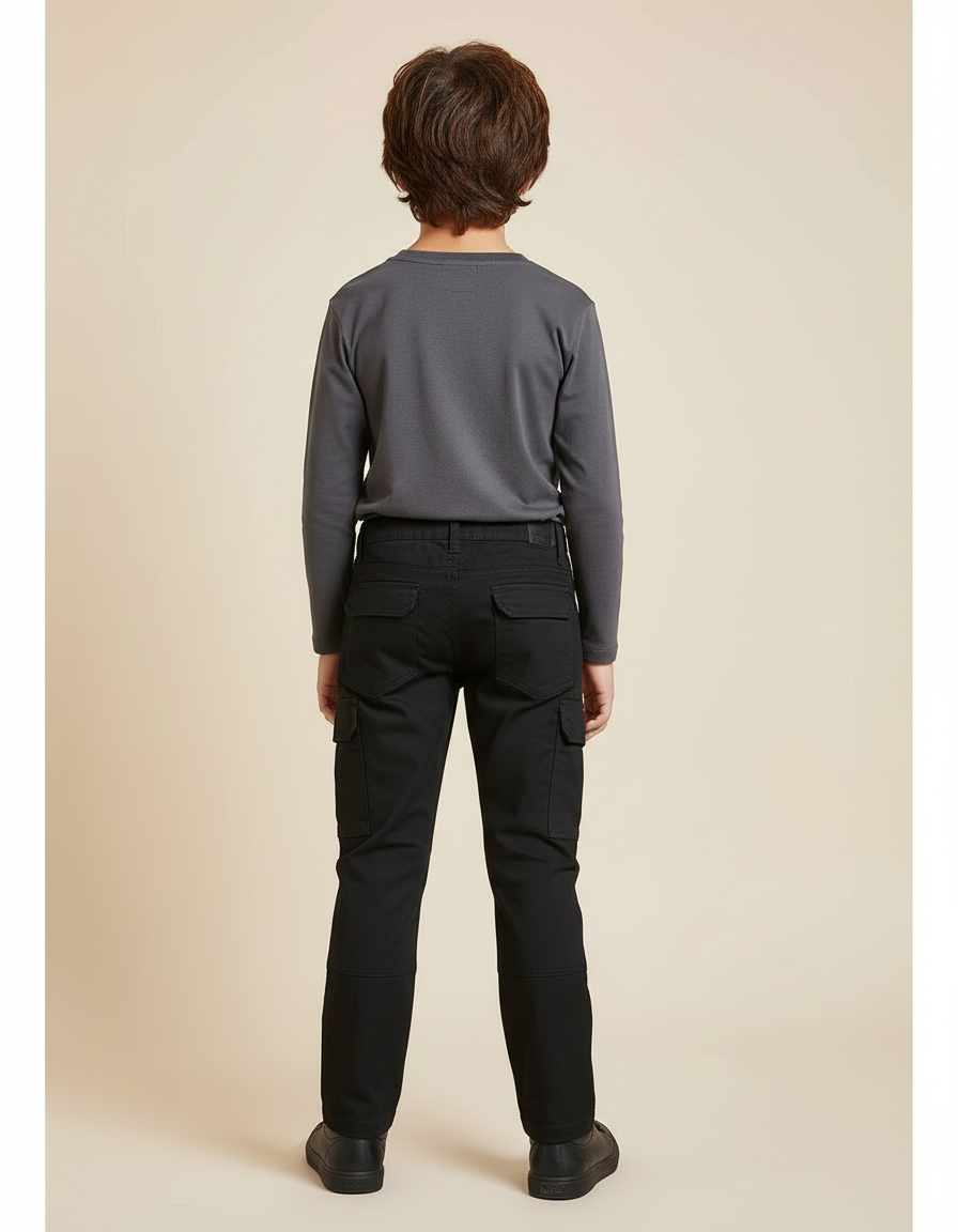 Pantalon Cargo Noir Enfant Coupe Droite Multi-Poches - Toile - vue 2