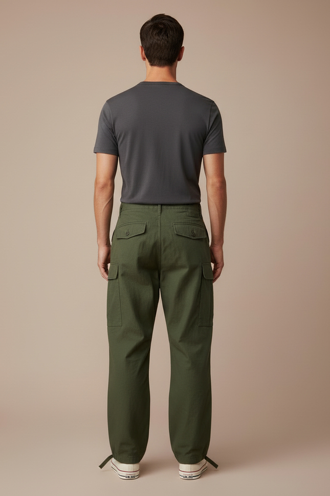 Pantalon Cargo Vert Militaire Ample Coton Sateen Homme - Kaki - vue 2