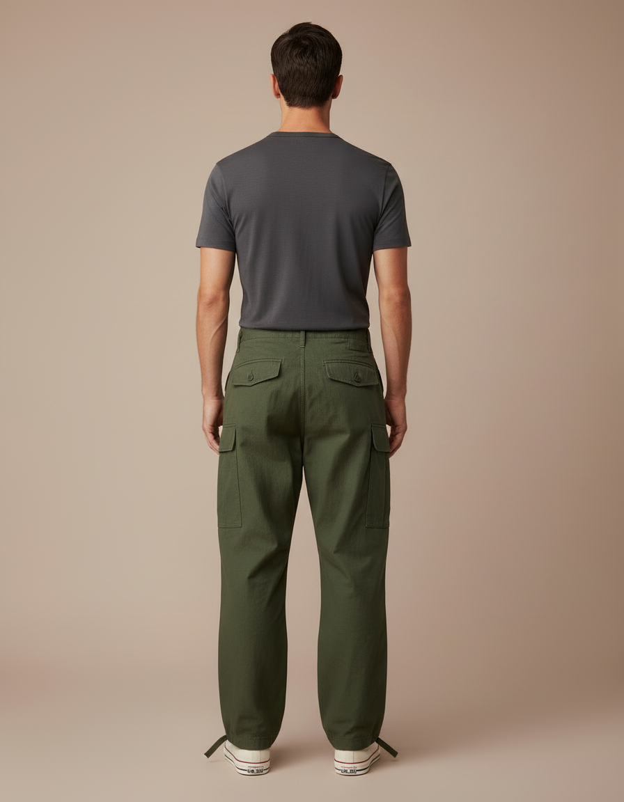 Pantalon Cargo Vert Militaire Ample Coton Sateen Homme - Kaki - vue 2