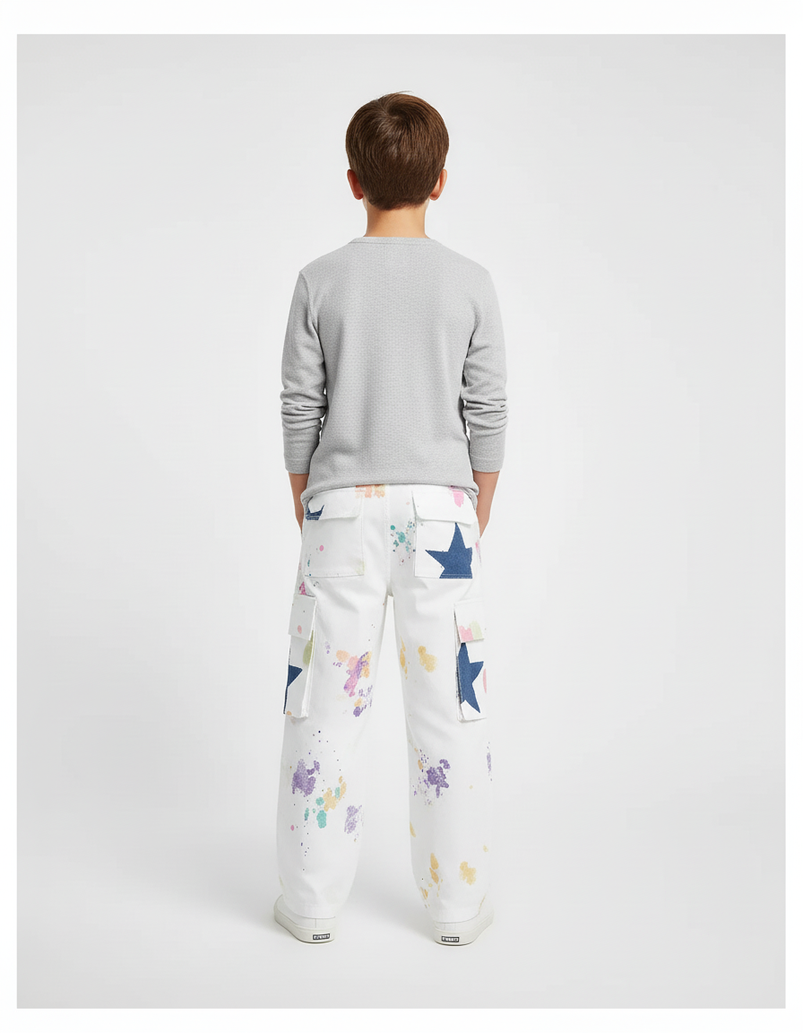 Pantalon Cargo Blanc Imprimé Peinture Étoiles Ample Enfant - vue 2