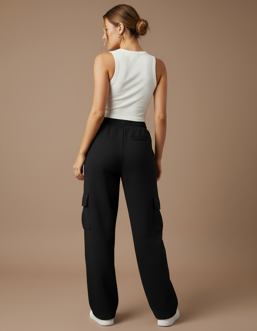 Pantalon Cargo Femme Noir Large Coton - Molleton - vue 2