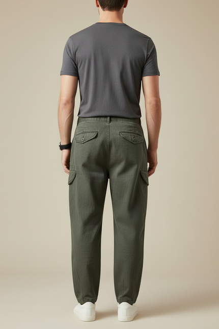 Pantalon Cargo Vert Kaki Coton Ample Décontracté Homme - Toile - vue 2