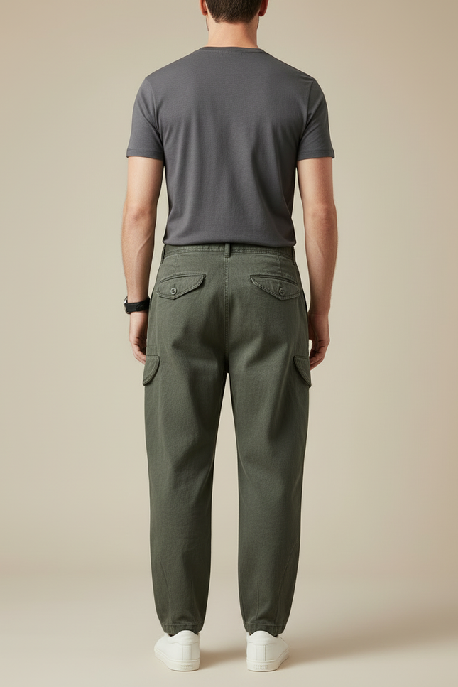 Pantalon Cargo Vert Kaki Coton Ample Décontracté Homme - Toile - vue 2