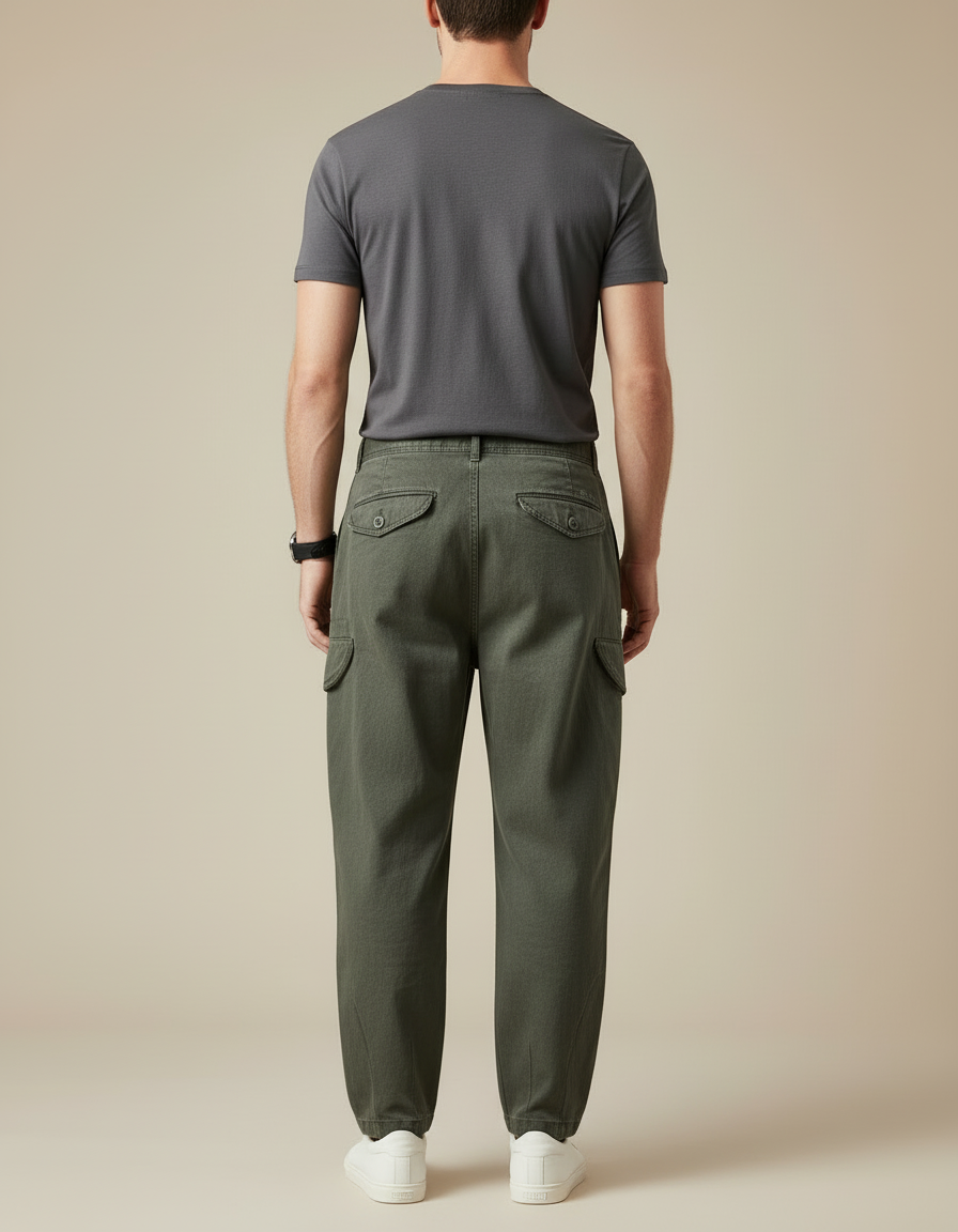 Pantalon Cargo Vert Kaki Coton Ample Décontracté Homme - Toile - vue 2