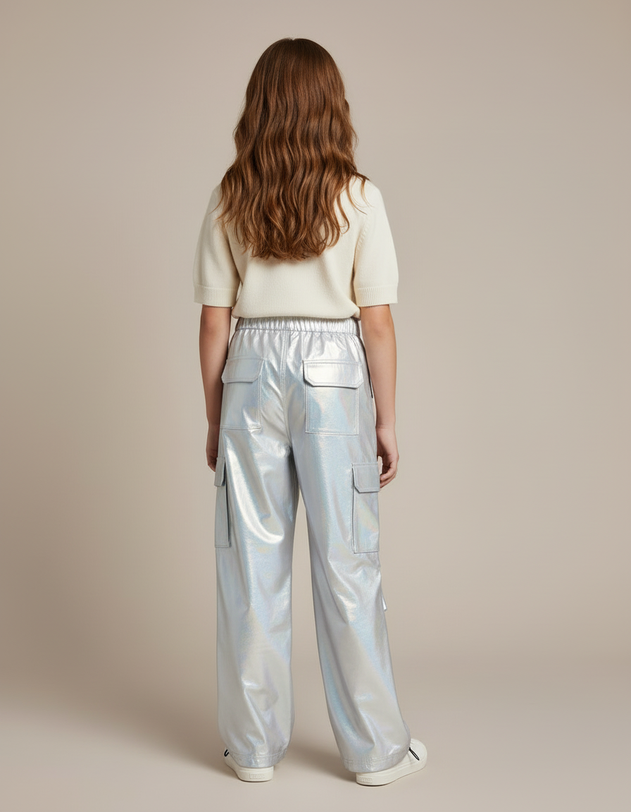 Pantalon Cargo Métallique Ample Brillant Multipoches Fille - Argenté Polyester - vue 2