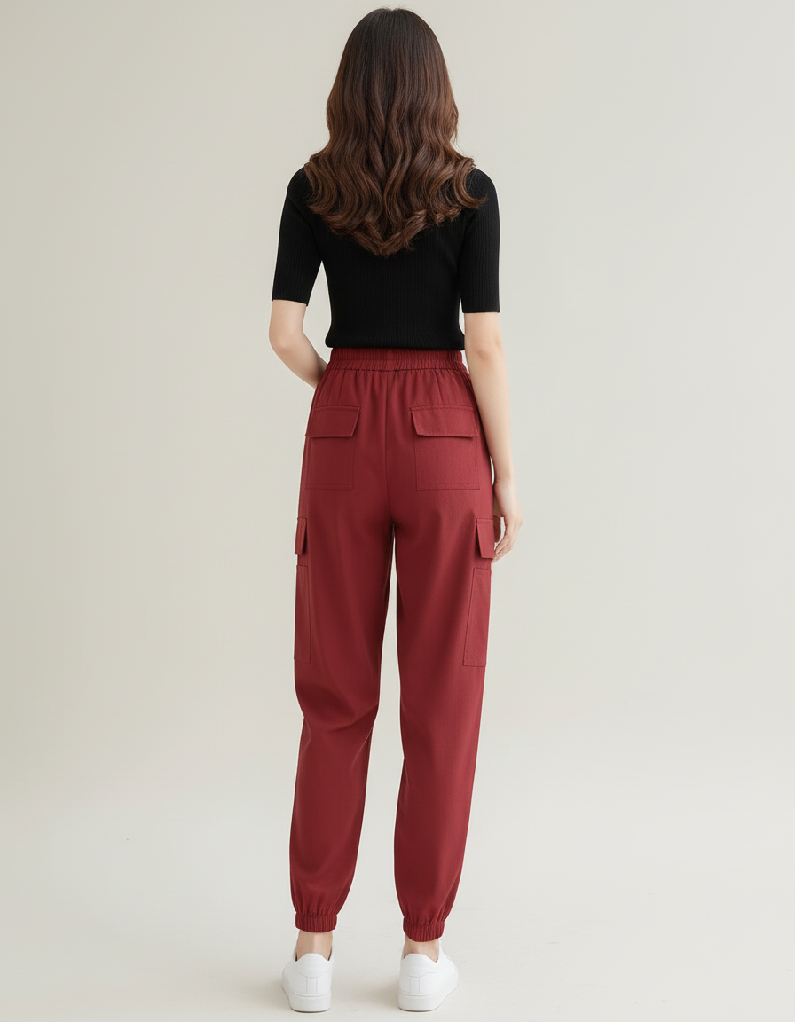 Pantalon Cargo Bordeaux Ample Respirant Taille Haute - Polyester - vue 2