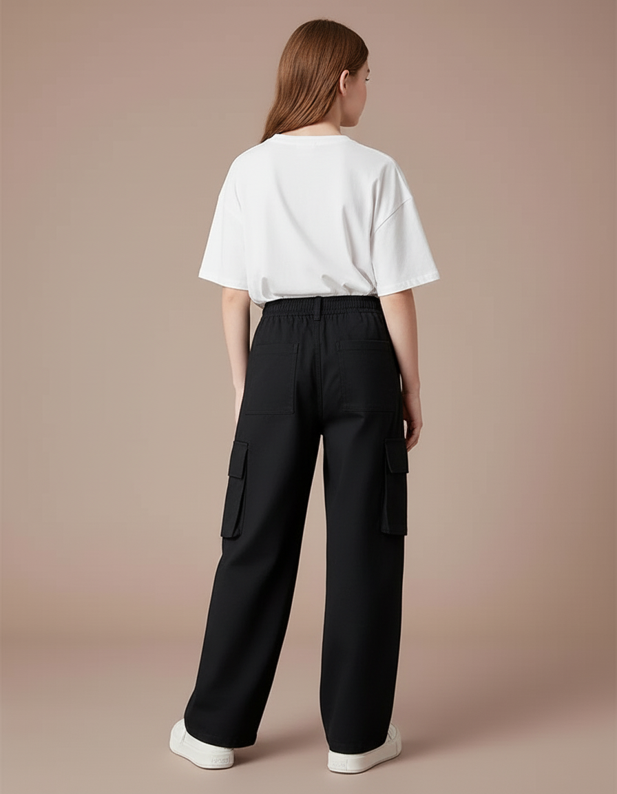 Pantalon Cargo Noir Ample Poches Latérales Fille - Toile - vue 2