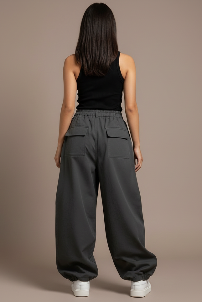 Pantalon Cargo Gris Ample Poches Latérales Femme - Gabardine - vue 2