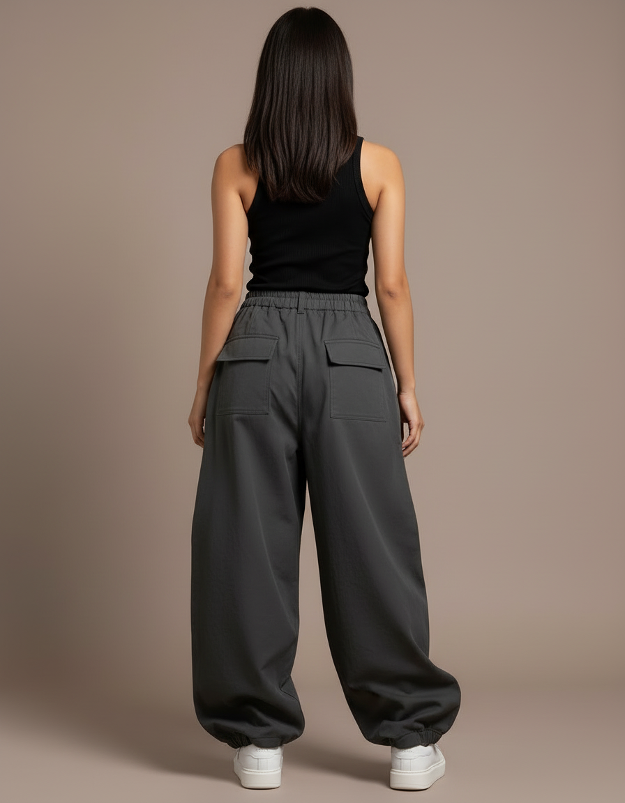 Pantalon Cargo Gris Ample Poches Latérales Femme - Gabardine - vue 2