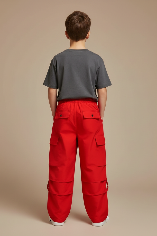 Pantalon Cargo Rouge Ample Garçon Streetwear Poches - Coton - vue 2